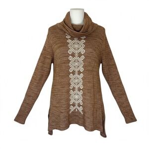 Roper Womens Cowl Neck‎ Tunic Sweater XL Brown Embroidered Western Boho Aztec